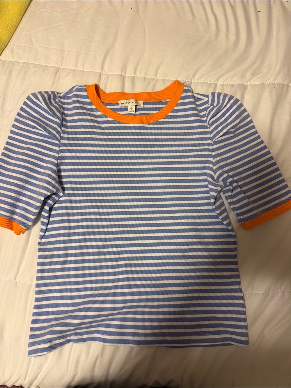 Rebecca Minkoff Old Money Blue & White Striped Short-Sleeve Tee with Orange Trim